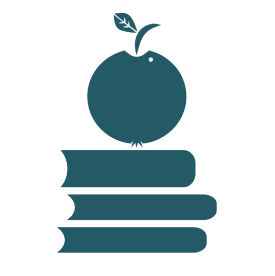 Illustration av en trave böcker med ett äpple ovanpå. 