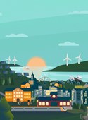 Illustration över en upplyst stad med vatten och vindkraftverk i bakgrunden.