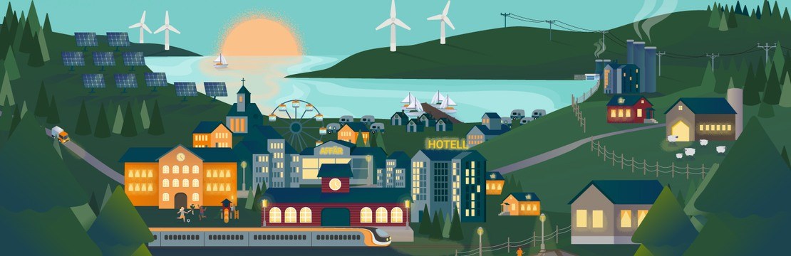 Illustration över en upplyst stad med vatten och vindkraftverk i bakgrunden.