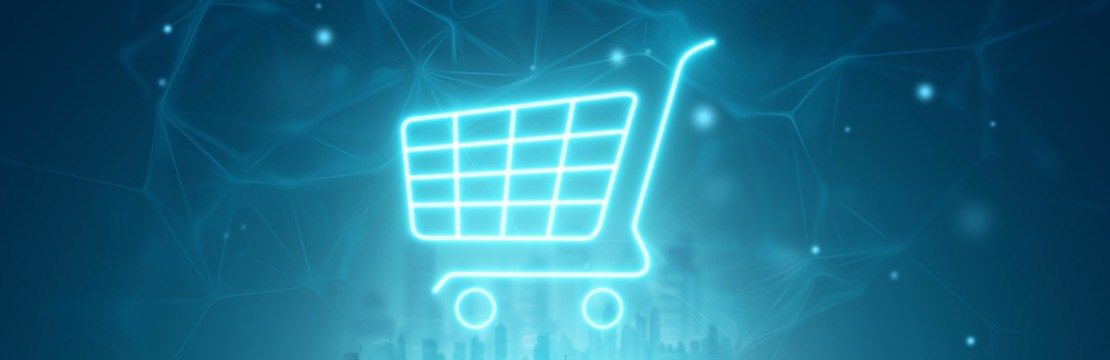 Phone and basket hologram. Online shopping, online store application in a smartphone. Digital Marketing Online