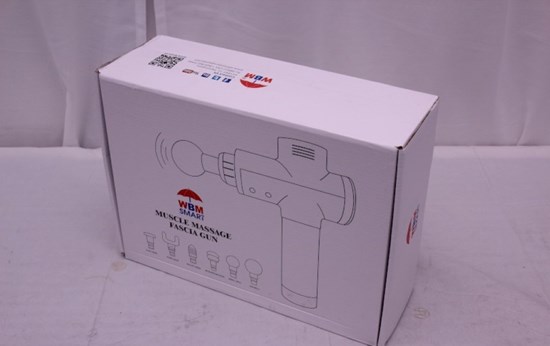 Vit förpackningsbox med bild på massagepistol